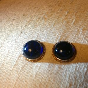Carolee Vintage Cabochon Pierced Earrings Blue Amber Jelly Gold Tone Signed